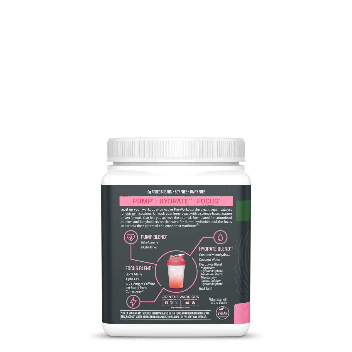 Back label of a white supplement jar detailing pump, hydrate, and focus blends with a shaker cup image.