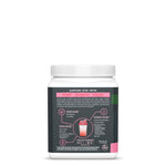 Back label of a white supplement jar detailing pump, hydrate, and focus blends with a shaker cup image.