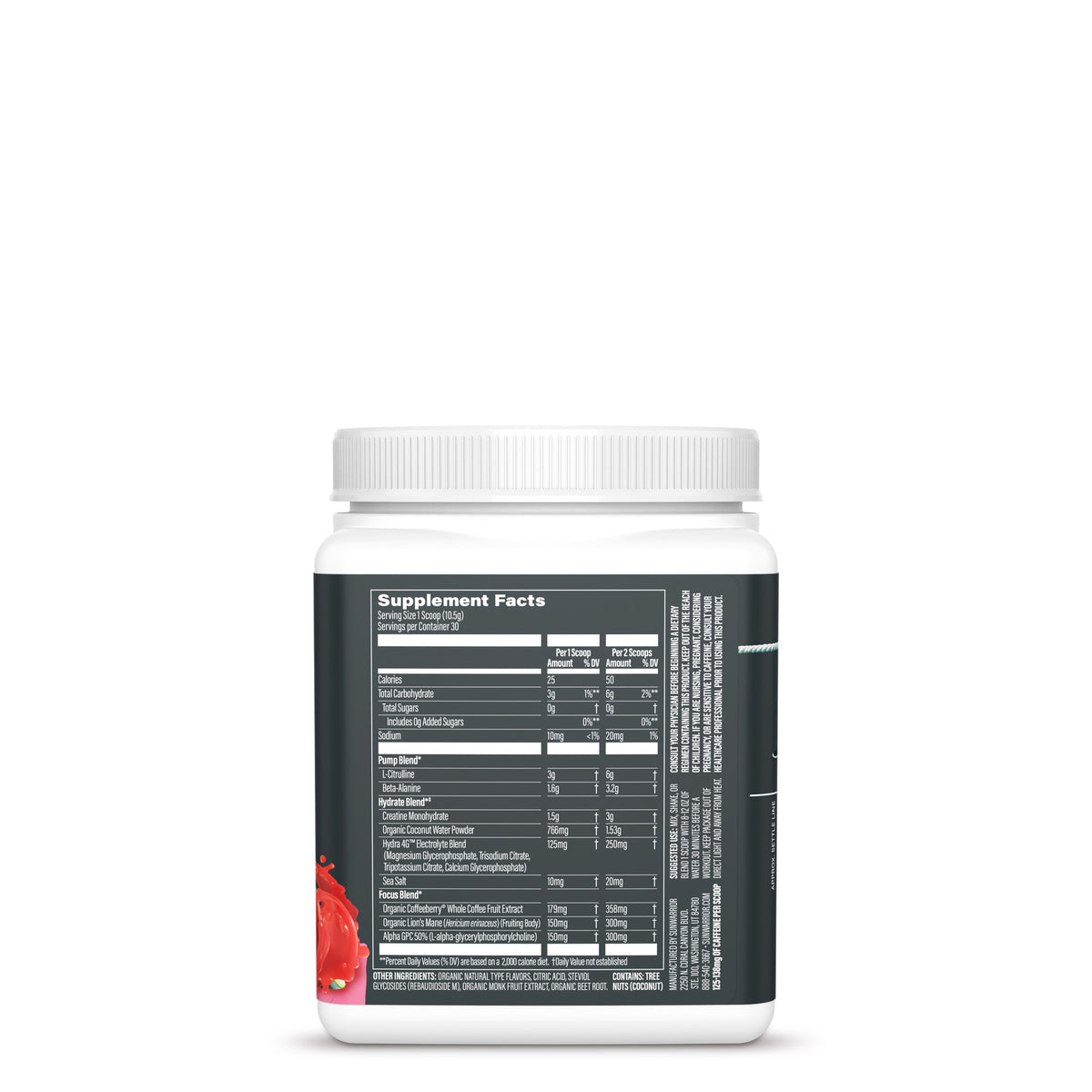 White jar with a black label showing detailed supplement facts and nutrition information on the back side