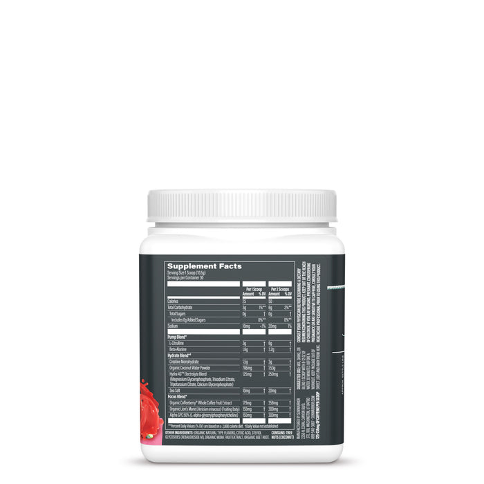 White jar with a black label showing detailed supplement facts and nutrition information on the back side