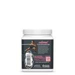 Back of a white container with a black label featuring a woman performing a rope exercise, text about active nutrition and plant-based pre-workout powder, and a barcode.