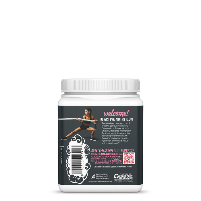 Back of a white container with a black label featuring a woman performing a rope exercise, text about active nutrition and plant-based pre-workout powder, and a barcode.
