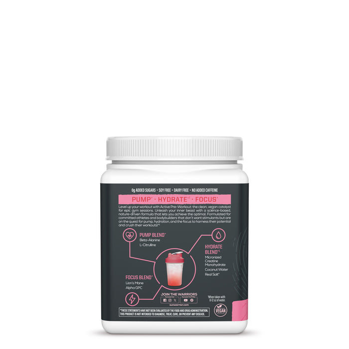 Container with label showing supplement details and benefits for workout support including pump blend, hydrate blend, and focus blend with key ingredients listed, designed for energy and hydration.
