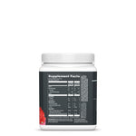 Container with a white lid showing the supplement facts label including ingredients and nutritional information on a dark background with a small red fruit graphic on the bottom left corner.