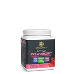 A white container of Sunwarrior Active Pre-Workout powder with watermelon flavor, labeled as stimulant-free and designed to support pump, hydration, and focus.