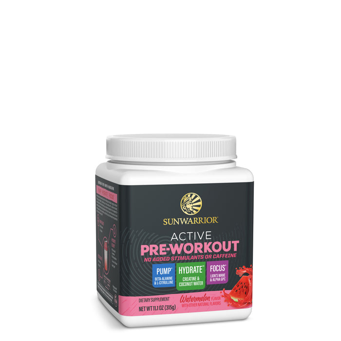 A white container of Sunwarrior Active Pre-Workout powder with watermelon flavor, labeled as stimulant-free and designed to support pump, hydration, and focus.