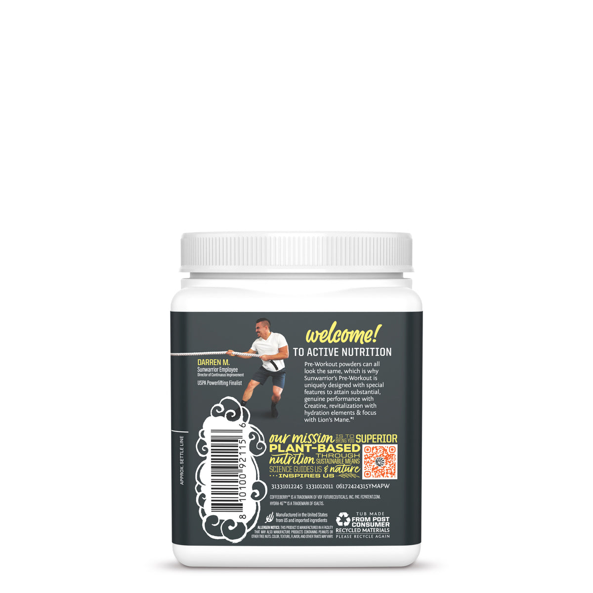 White container with a black label featuring nutrition info, a QR code, and active sports imagery