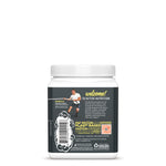 White container with a black label featuring nutrition info, a QR code, and active sports imagery