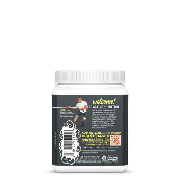 White container with a black label featuring nutrition info, a QR code, and active sports imagery