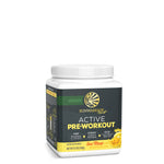 White container of vegan Sunwarrior Active Pre-Workout powder with yuzu mango flavor label on a white background