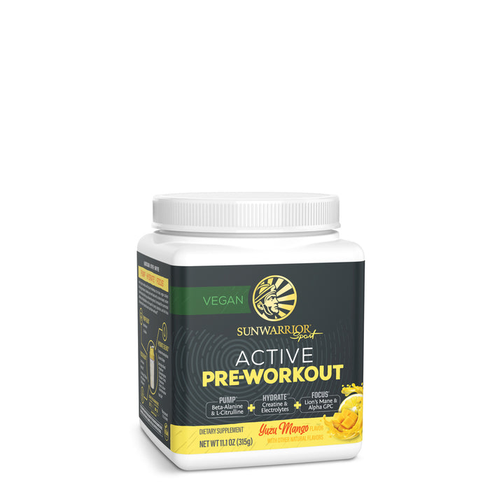 White container of vegan Sunwarrior Active Pre-Workout powder with yuzu mango flavor label on a white background