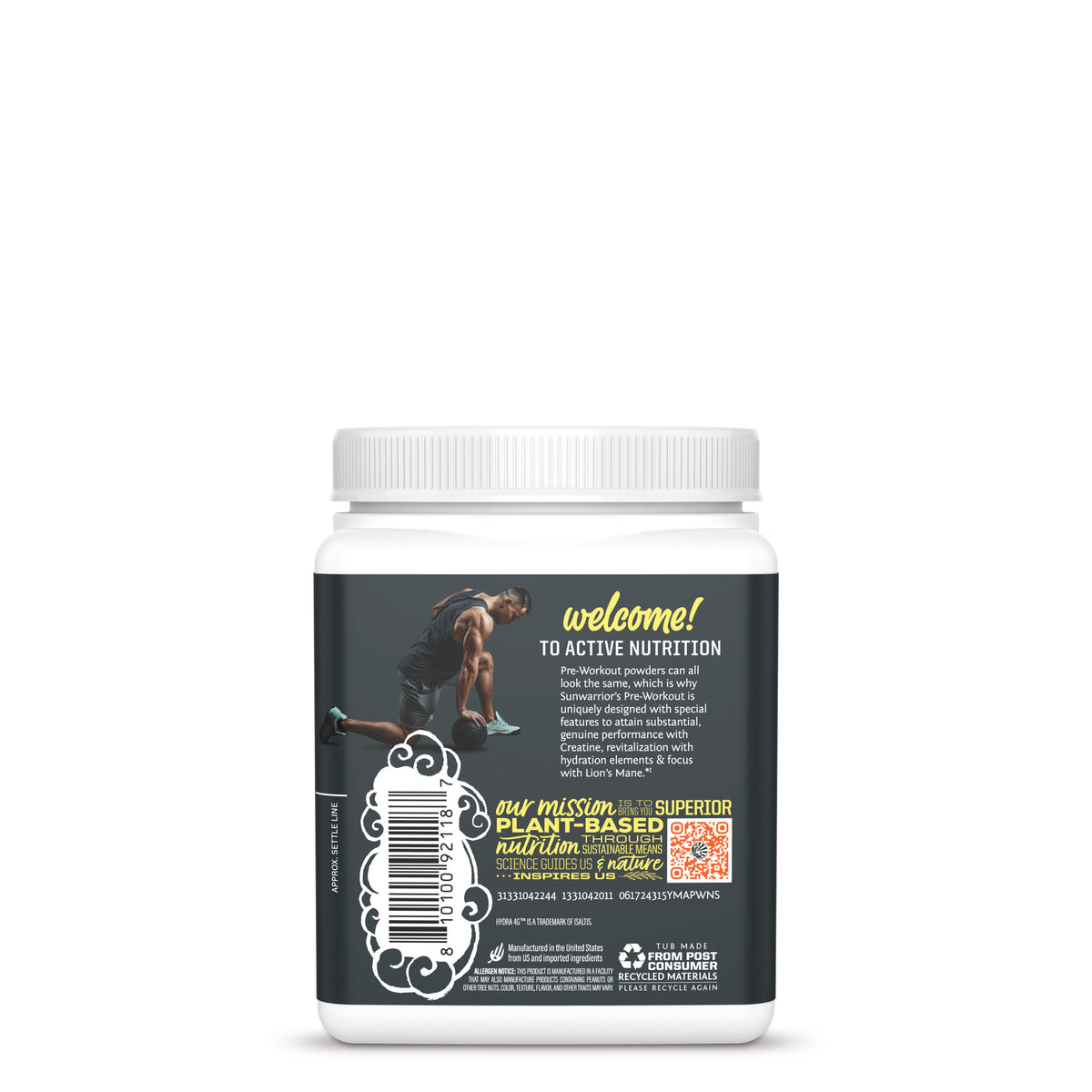 Back of white container with active nutrition pre-workout label featuring athlete and plant-based nutrition text