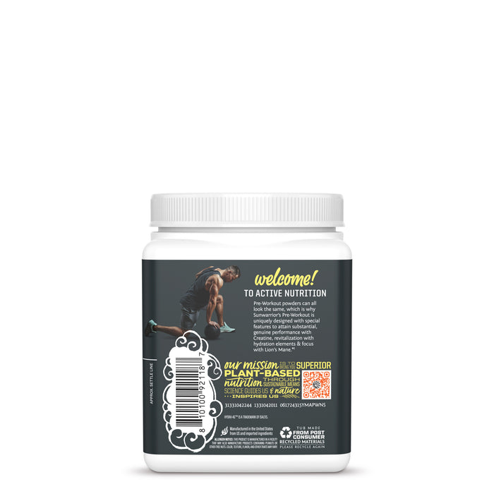 Back of white container with active nutrition pre-workout label featuring athlete and plant-based nutrition text