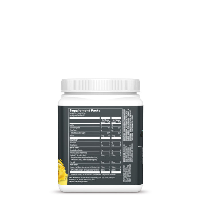 Back view of a white supplement container showing detailed nutrition facts and ingredient information