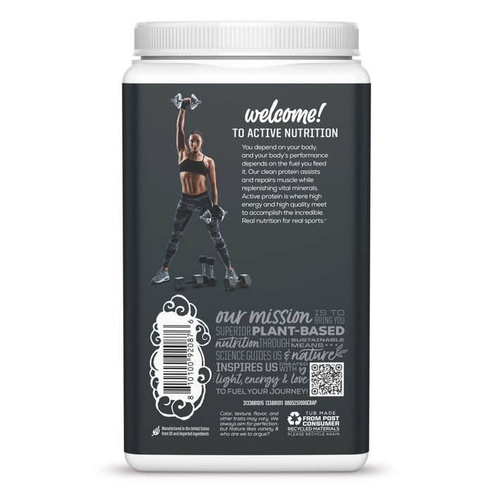 Back of a protein powder container with fitness image, nutrition text, barcode, and QR code.