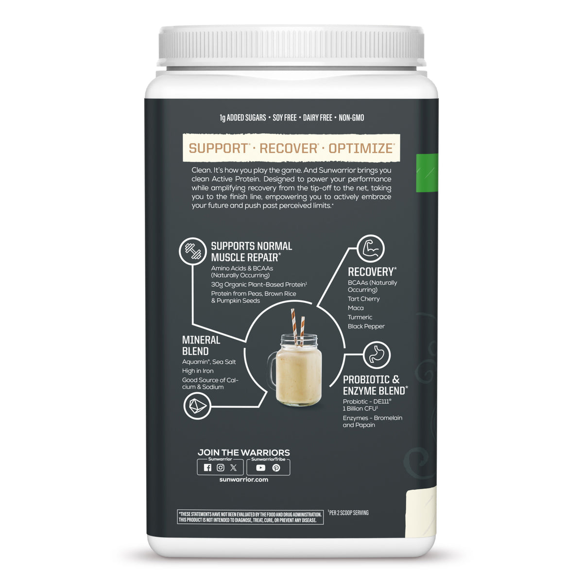 Back label of a vegan protein powder container detailing benefits for muscle repair, recovery, and probiotics blend.