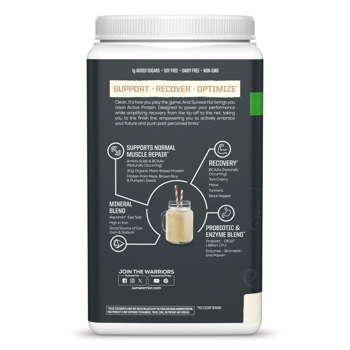 Back label of a vegan protein powder container detailing benefits for muscle repair, recovery, and probiotics blend.