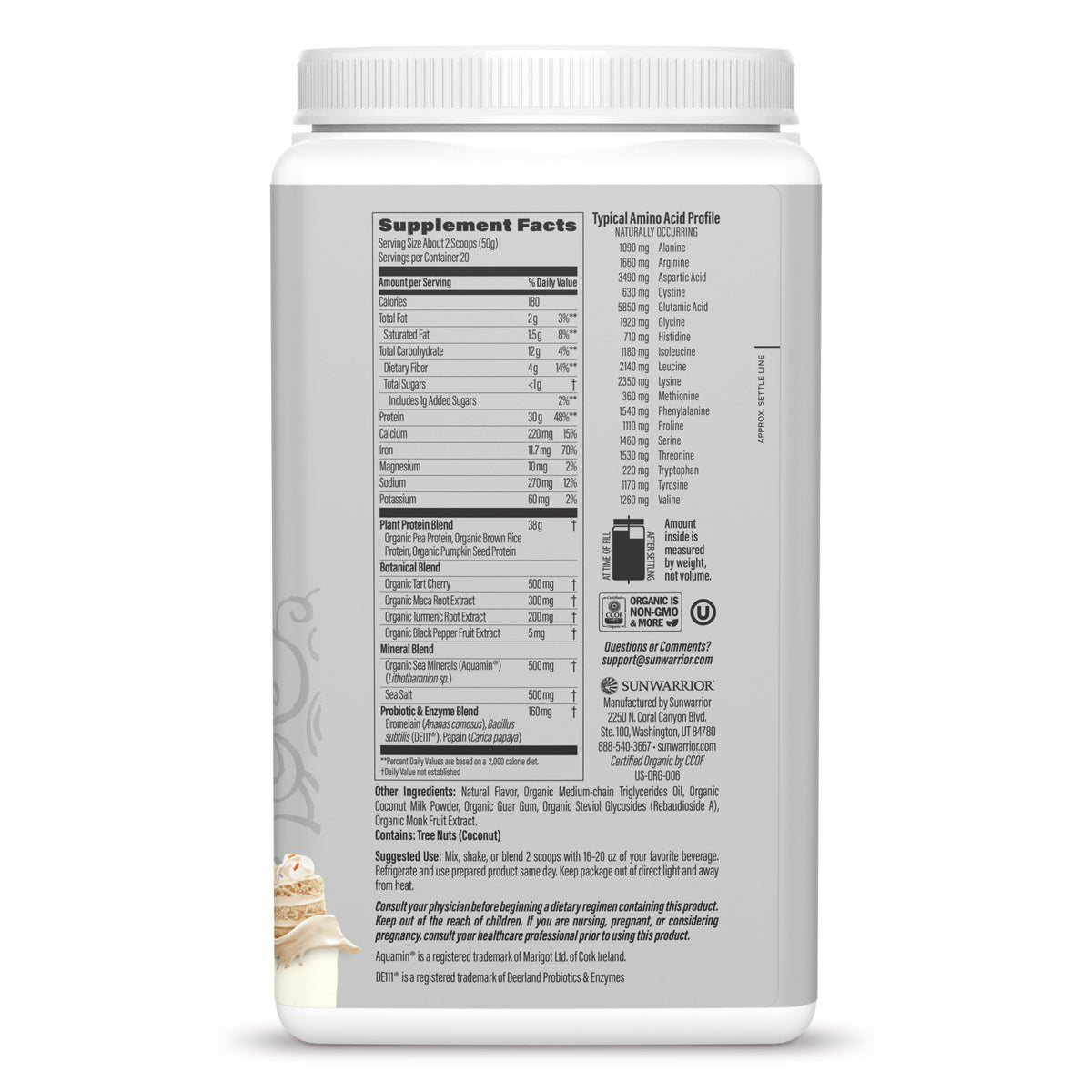 Nutrition facts and ingredient details on a white protein powder container label for vegan supplement
