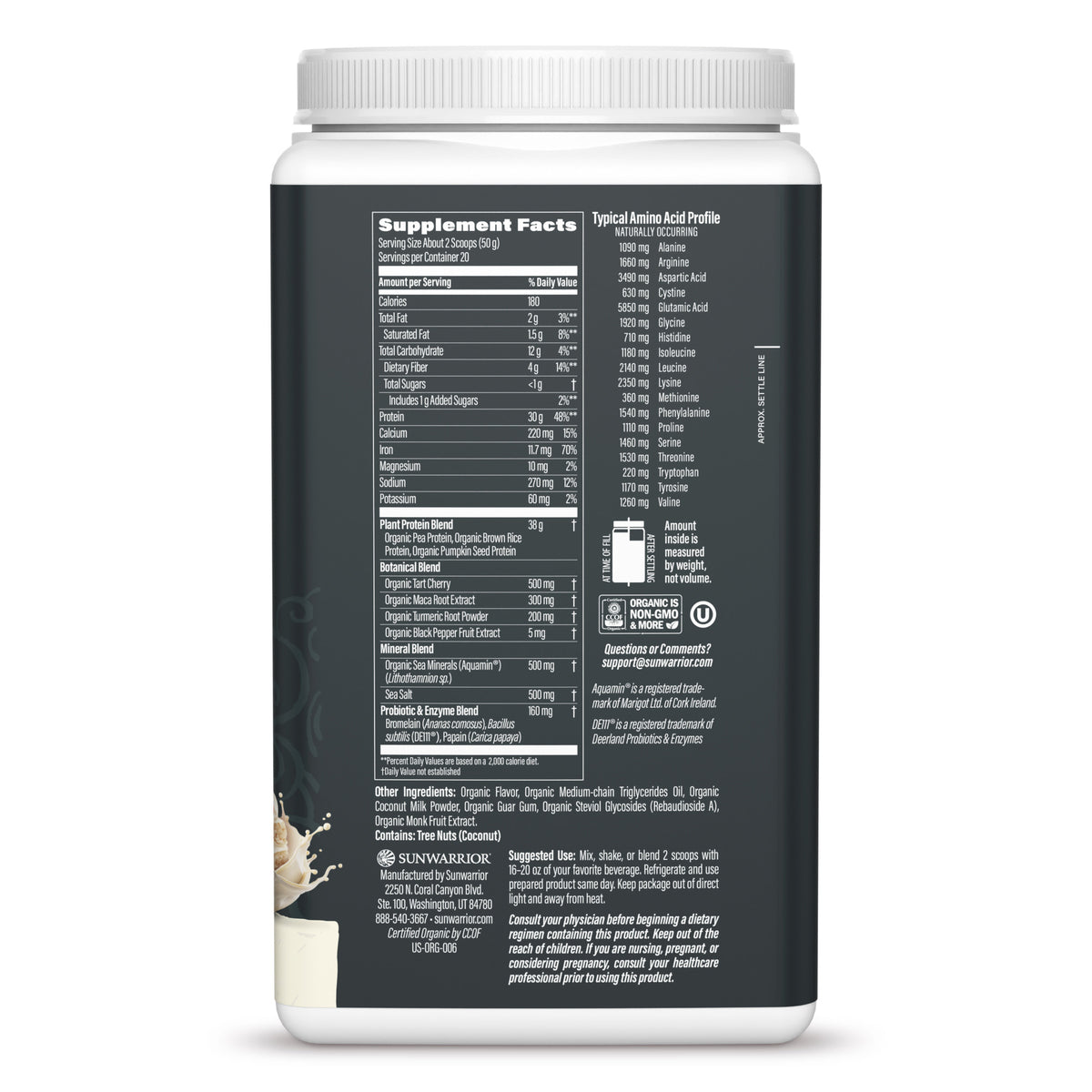 Nutrition facts and ingredient details on the back label of a vegan protein powder container