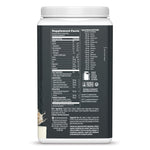 Nutrition facts and ingredient details on the back label of a vegan protein powder container