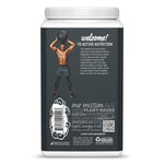 Back of container showing active man holding medicine ball, nutrition message, barcode, and recycling logos.