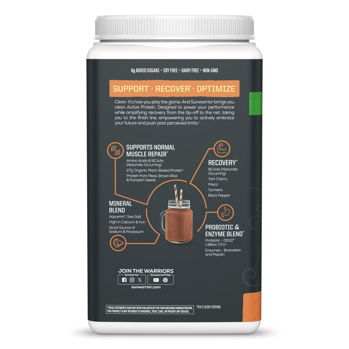 Back label of a protein powder container detailing muscle repair, recovery, mineral blend, and probiotic benefits.