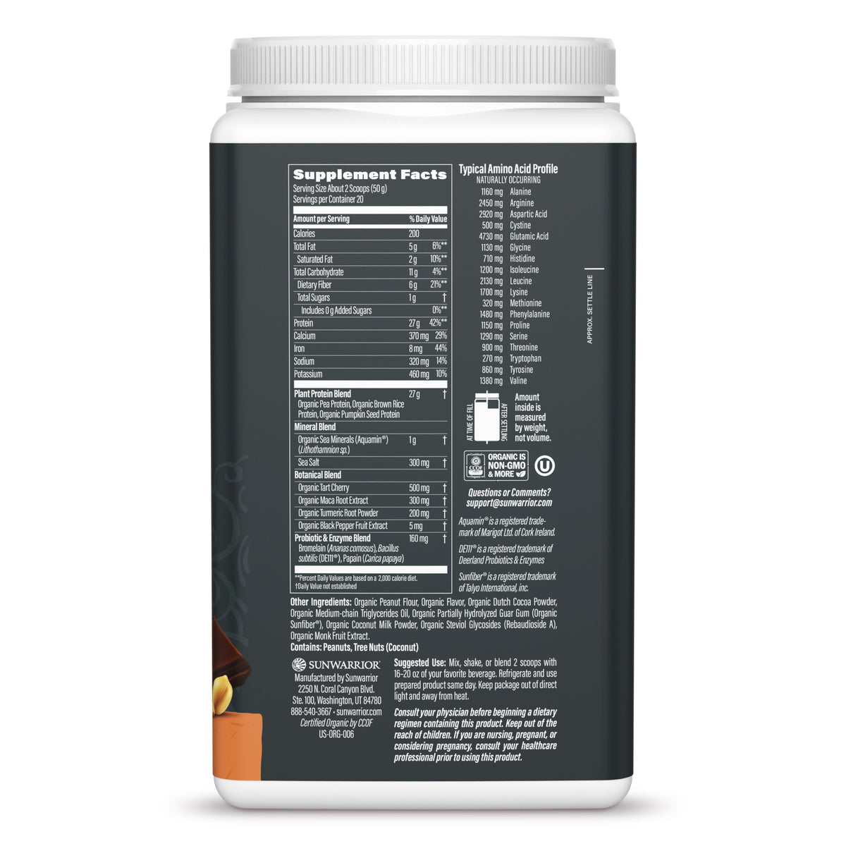 Supplement facts panel of plant-based protein powder showing ingredients, amino acid profile, and usage instructions.
