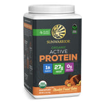 Container of Sunwarrior organic active protein powder in chocolate peanut butter flavor with nutritional highlights