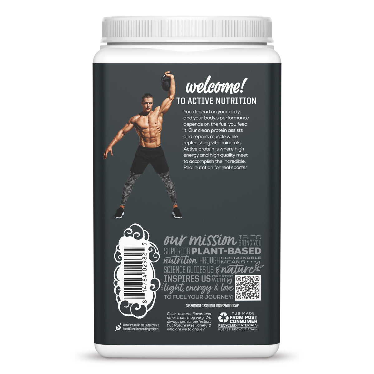 Back of a nutrition container with fitness model and text about plant-based protein for active nutrition.