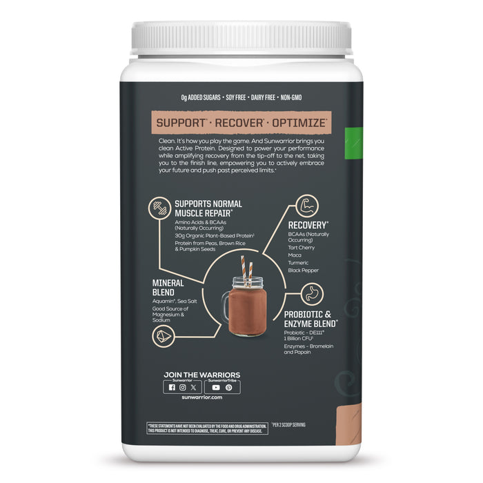 Back of a Sunwarrior Active Protein container showing benefits, ingredients, and usage icons.