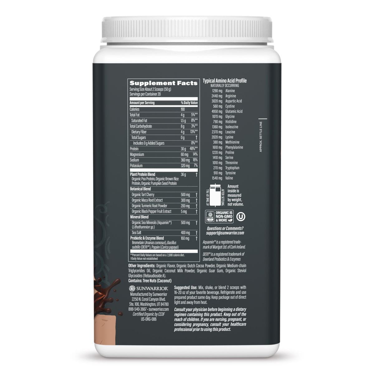 Back view of a protein powder container showing supplement facts, amino acid profile, and ingredient details.