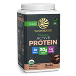 Sunwarrior organic active plant-based protein powder container with chocolate flavor details
