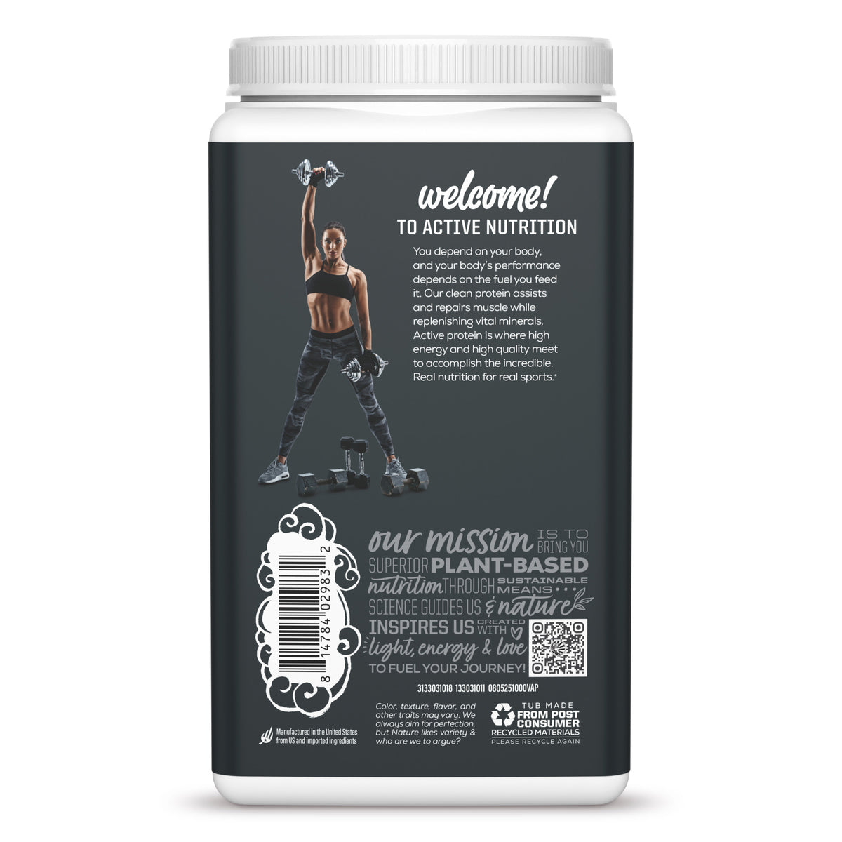 Back label of a plant-based protein powder container featuring a woman lifting dumbbells and nutrition information.