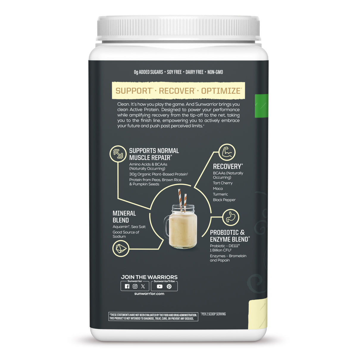 Back label of a protein powder container detailing muscle repair, recovery, mineral blend, and probiotic benefits.