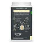 Back label of a protein powder container detailing muscle repair, recovery, mineral blend, and probiotic benefits.