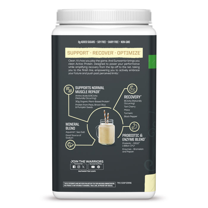 Back label of a protein powder container detailing muscle repair, recovery, mineral blend, and probiotic benefits.