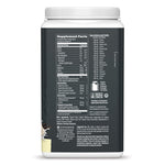 Supplement facts and amino acid profile on a dark label of a plant-based protein powder container.