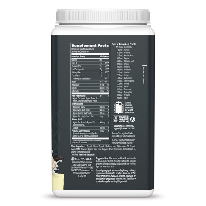 Supplement facts and amino acid profile on a dark label of a plant-based protein powder container.