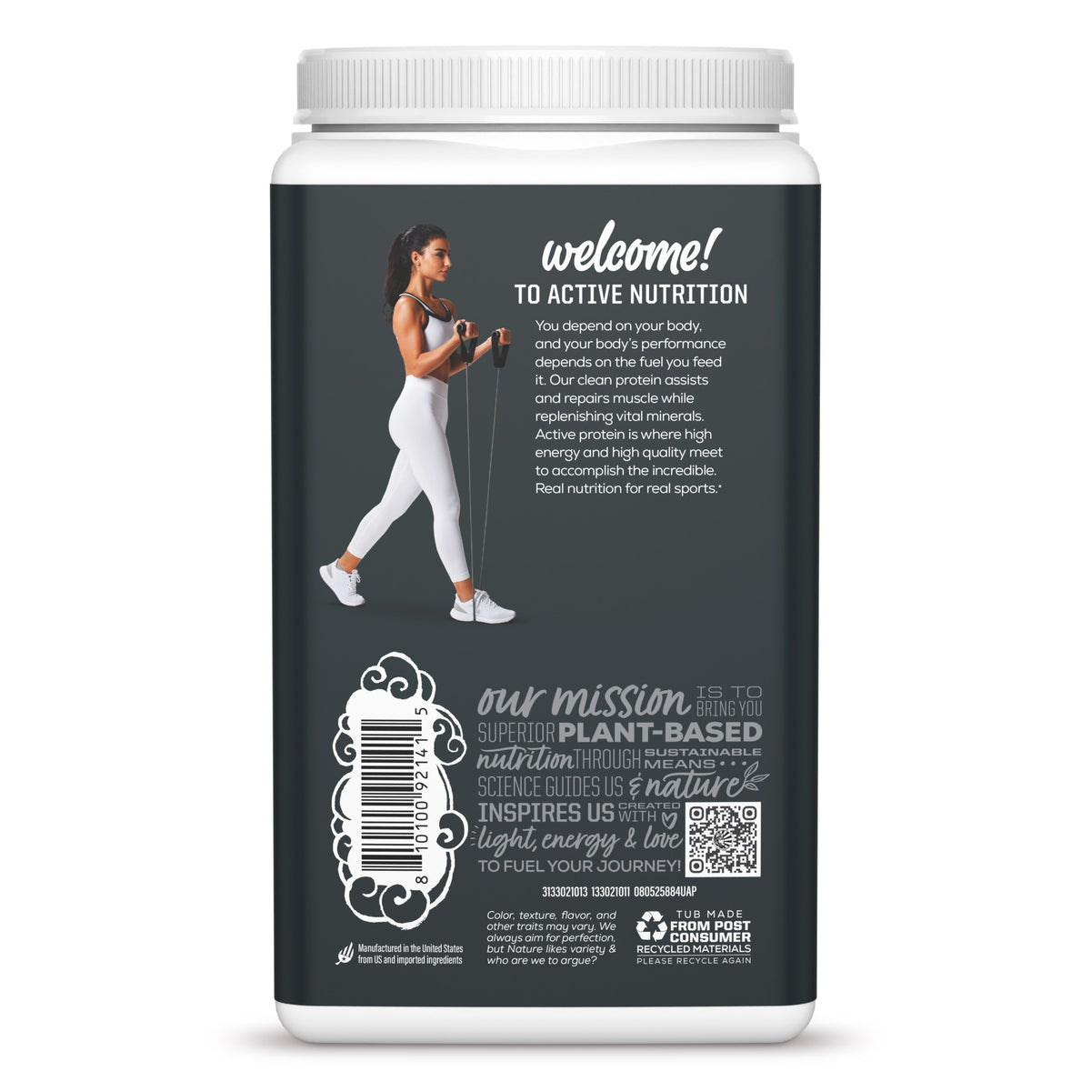 Back of a plant-based protein powder container with nutrition message and a woman lifting weights illustration
