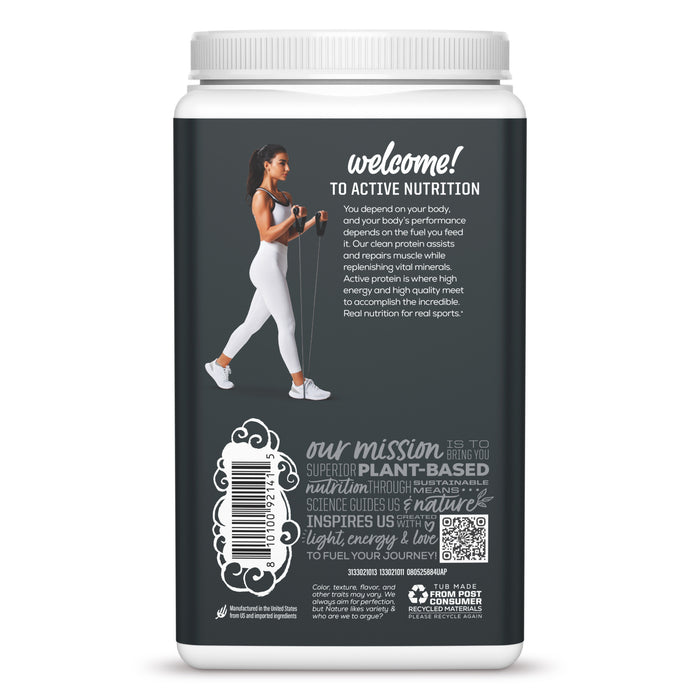 Back of a plant-based protein powder container with nutrition message and a woman lifting weights illustration