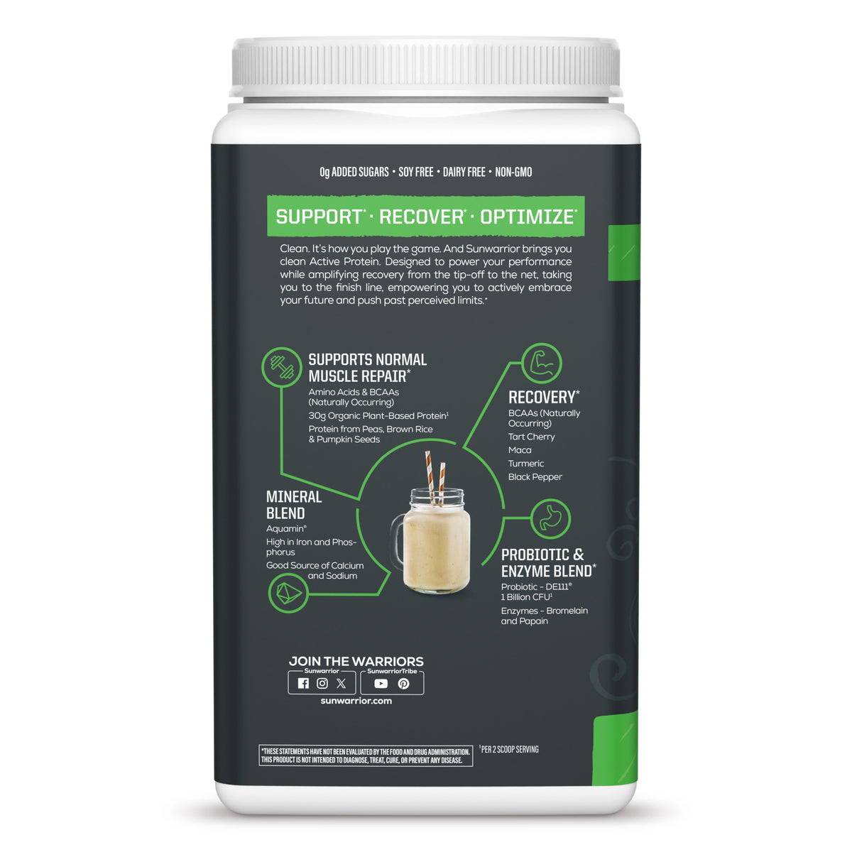 Back of a Sunwarrior plant-based protein jar with nutritional benefits and supplement details shown.