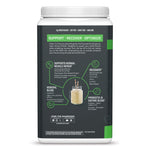 Back of a Sunwarrior plant-based protein jar with nutritional benefits and supplement details shown.