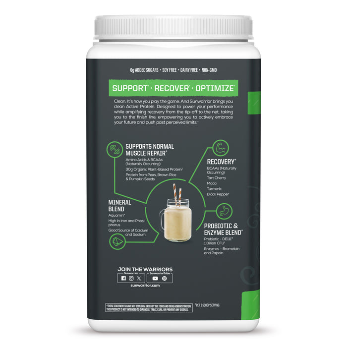 Back of a Sunwarrior plant-based protein jar with nutritional benefits and supplement details shown.