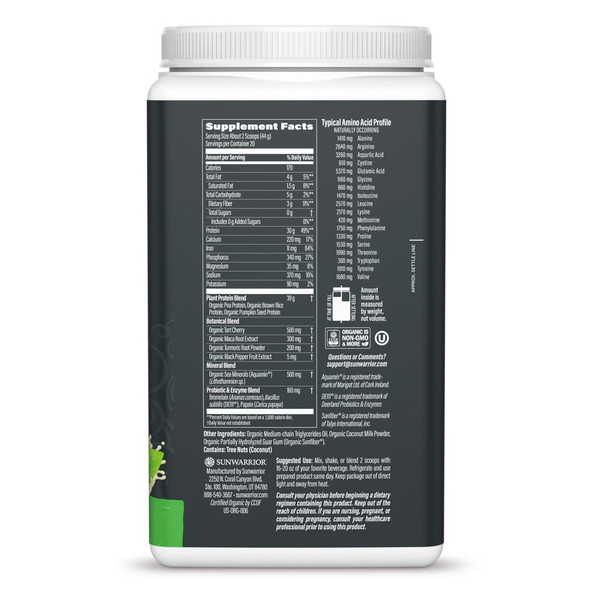 Back label of a black and white supplement container showing nutrition facts and ingredient details.