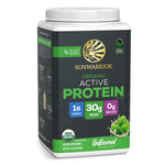 Container of plant-based organic protein powder with 30g protein and probiotics, unflavored and unsweetened