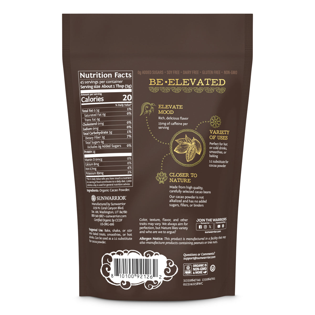 Back view of Sunwarrior Organic Cacao powder  with 'Be Elevated' branding and nutrition facts.