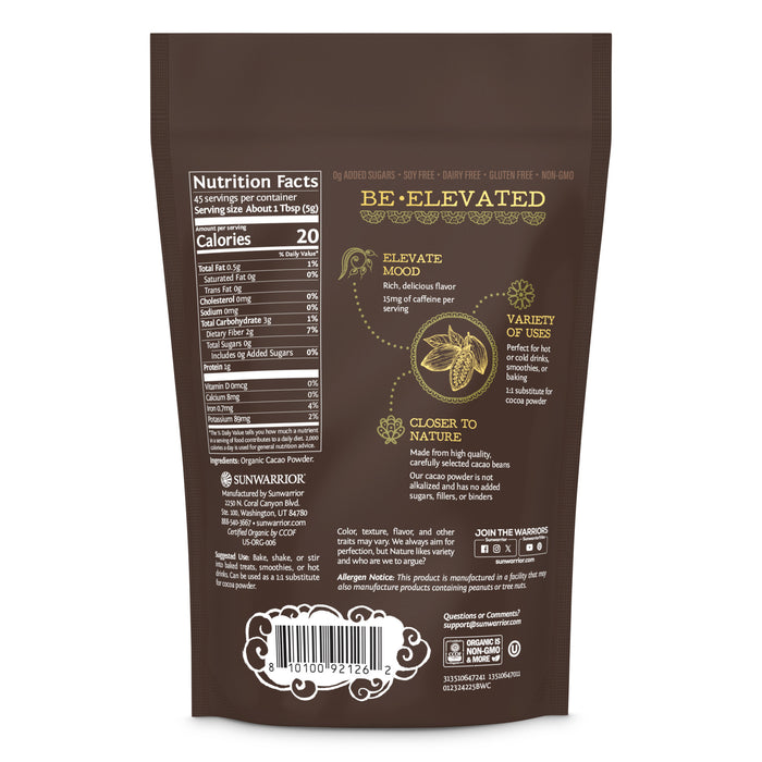 Back view of Sunwarrior Organic Cacao powder  with 'Be Elevated' branding and nutrition facts.