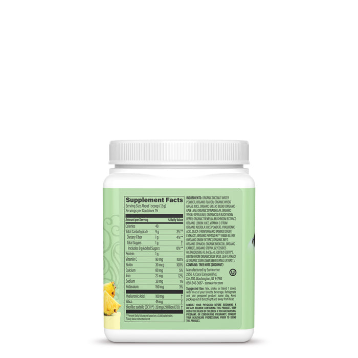 Supplement facts and ingredients listed on a green label of a dietary supplement jar with a pineapple image.