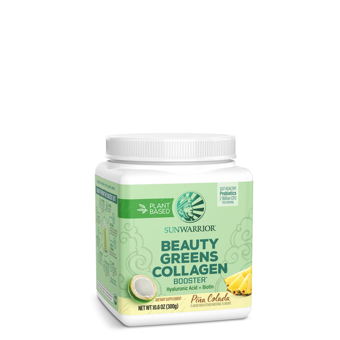 Sunwarrior Beauty Greens Collagen Booster plant-based supplement with pineapple flavor and probiotics