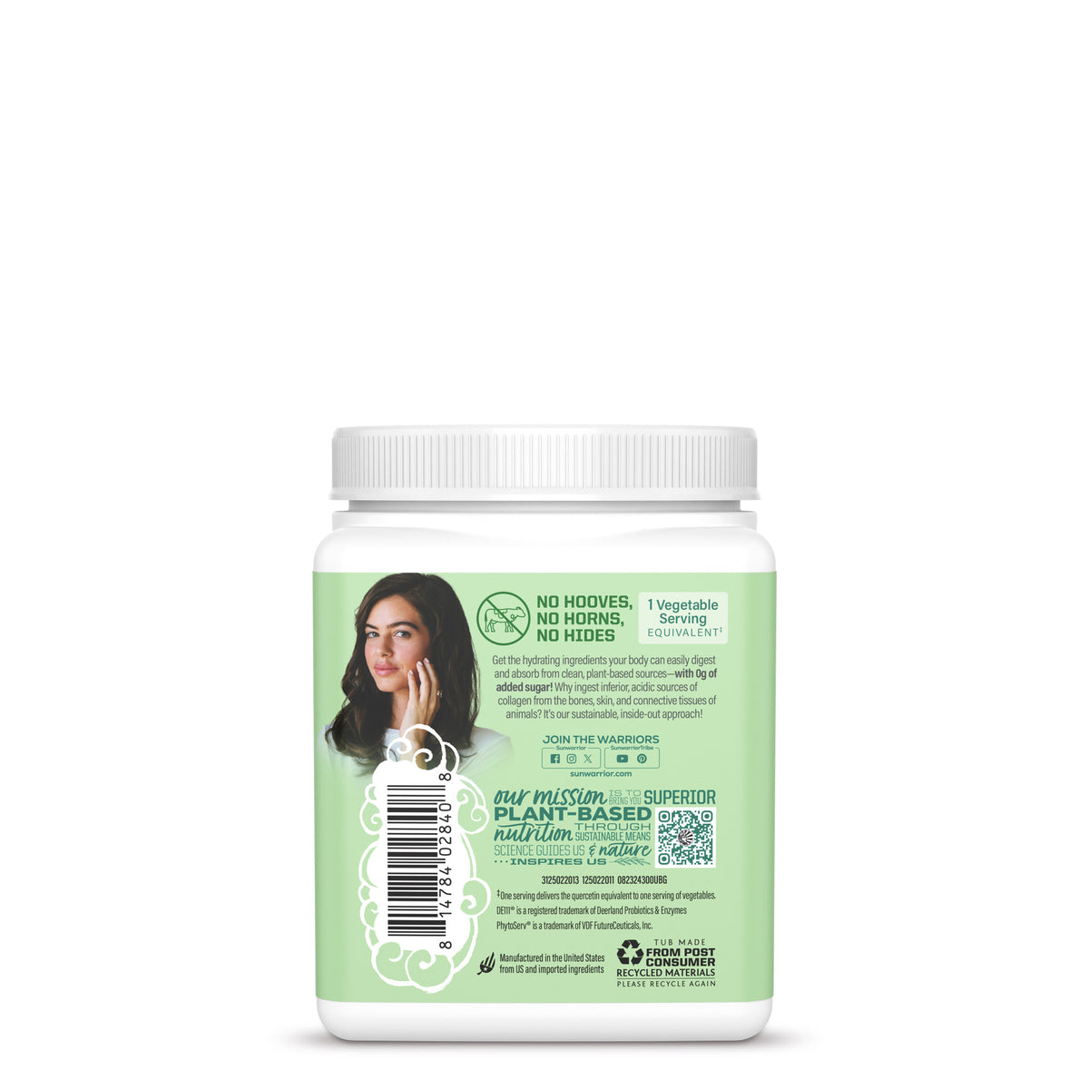 Back view of plant-based health supplement container with green label and woman’s photo on it